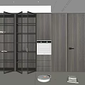 Modern Minimalist Dark Brown Wooden Display Cabinet With Open Glass Doors Shelves And Decorations