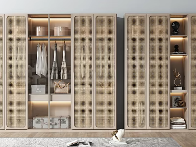 Modern Minimalist Wardrobe With Rattan Panels LED Lighting And Storage For Clothes Bags Boxes 3d model