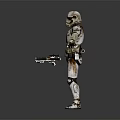 Weathered Armored Character in White Red Marked Armor Holding Small Robot Creature