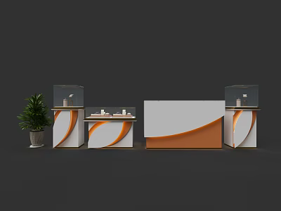 Modern Display Shelves With White And Orange Curved Design Glass Cases Counter And Potted Plant 3d model