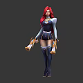Fictional Character With Pink Long Hair Blue And White Outfit Front Back Views Holding Weapons