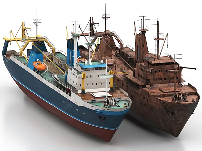 Modern Blue And White Ship Next To Rusty Brown Old Vessel 3d model