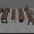Various Designed Wooden Stools With Different Shapes Sizes And Small Table With Bottle Decorations