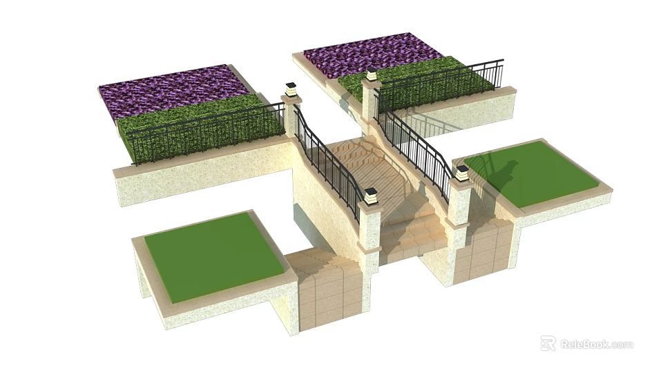 Stone Staircase With Black Railings Surrounded By Green Lawn And Purple Flower Beds 3d model 