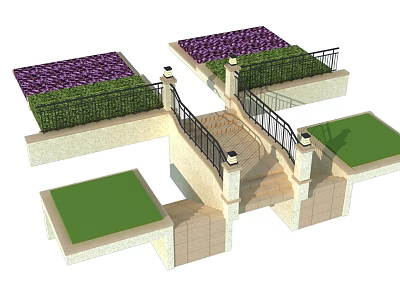 Stone Staircase With Black Railings Surrounded By Green Lawn And Purple Flower Beds 3d model