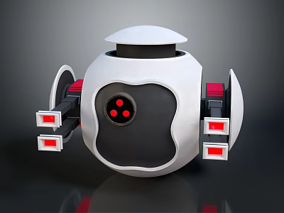 White And Black Spherical Robot Device With Red Lights And Mechanical Arms 3d model
