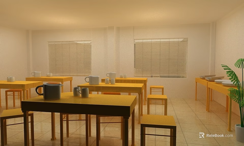Canteen Interior With Yellow Tables Stools Mugs And Blinds 3d model 