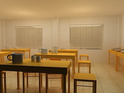 Canteen Interior With Yellow Tables Stools Mugs And Blinds 3d model