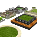 Various Shaped Tree Planters With Wooden Borders Stone Materials And Green Grass 3d model