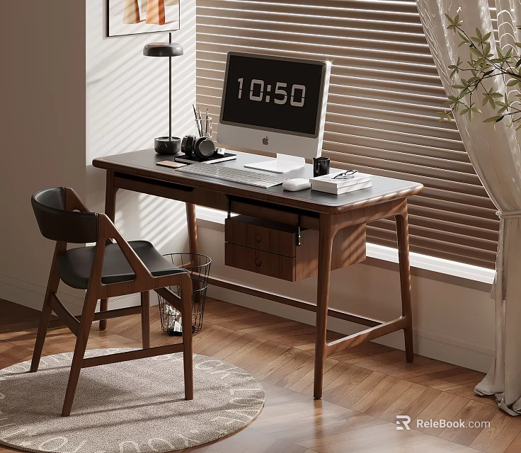 Organized Modern Workspace With Wooden Desk Computer Lamp Chair And Blinds 3d model 
