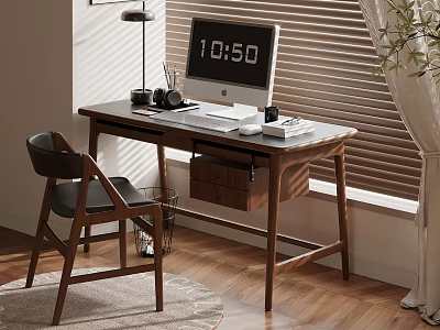 Organized Modern Workspace With Wooden Desk Computer Lamp Chair And Blinds 3d model