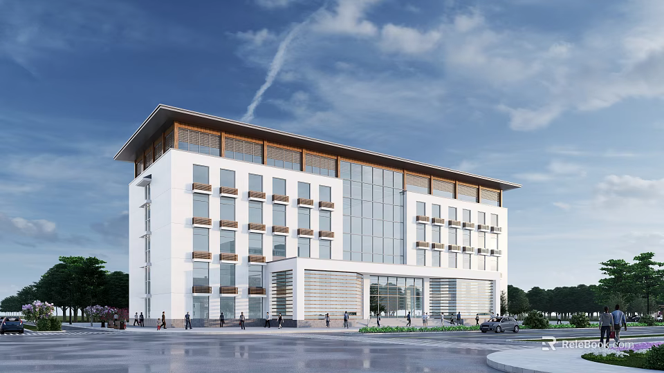 Modern Multi Story Office Building With White Exterior Glass Curtain Walls Wooden Eaves And Trees 3d model 