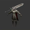 Armored Warrior Character Standing In Silver Armor With Horned Helmet Red Cape And Large Sword