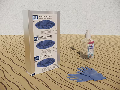 Medical Exam Gloves Box With Hand Sanitizer And Blue Disposable Gloves 3d model