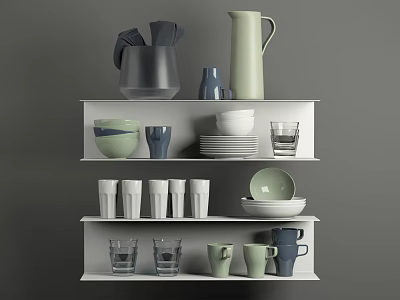 Stylish Tableware Set Featuring Gray Green Blue White Pitchers Cups Plates Bowls And Glasses 3d model