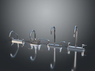 Four Modern Metal Faucets with Different Designs on Sleek Reflective Surface 3d model