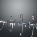 Four Modern Metal Faucets with Different Designs on Sleek Reflective Surface 3d model