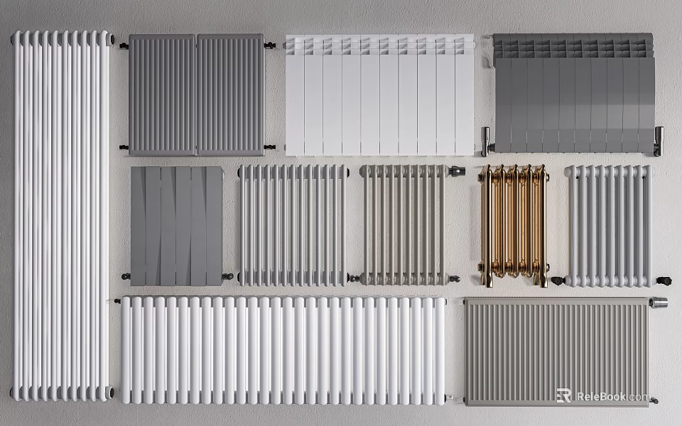 Different Home Heating Radiators With Panel Column Designs And White Grey Copper Colors 3d model