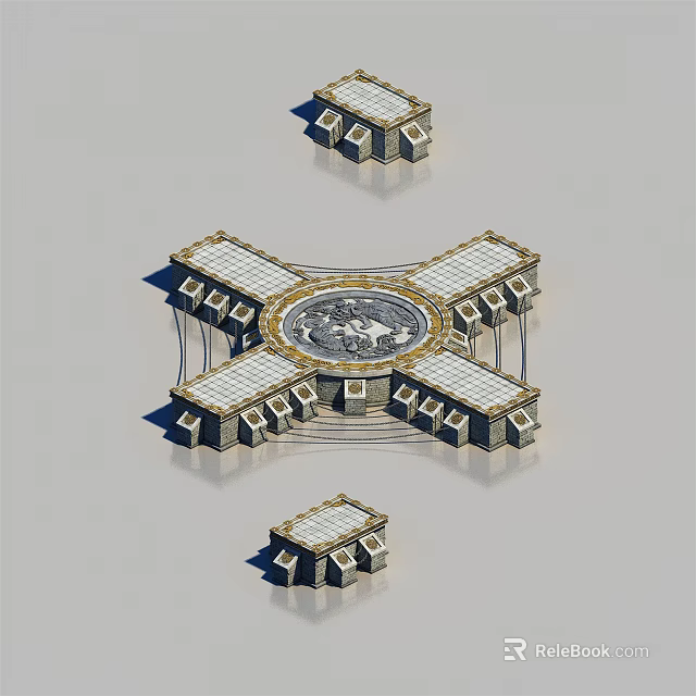 Cartoon Scene Featuring Symmetric Building Structures With Central Circular Design 3d model