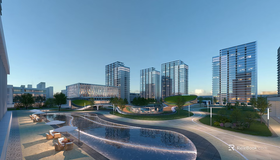 Modern Urban Office Buildings With Glass Curtain Walls Water Features And Green Spaces 3d model 