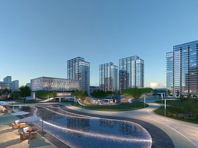 Modern Urban Office Buildings With Glass Curtain Walls Water Features And Green Spaces 3d model