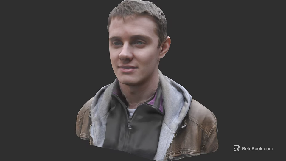 Man Wearing Brown Leather Jacket With Gray Hoodie And Purple Inner Shirt On Dark Background 3d model 