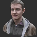 Man Wearing Brown Leather Jacket With Gray Hoodie And Purple Inner Shirt On Dark Background