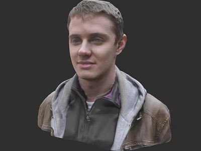 Man Wearing Brown Leather Jacket With Gray Hoodie And Purple Inner Shirt On Dark Background 3d model