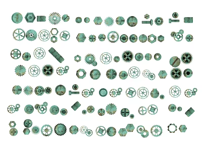 Turquoise Mechanical Parts Collection With Various Gears Bolts Nuts In Different Sizes And Shapes 3d model