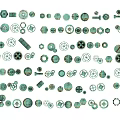 Turquoise Mechanical Parts Collection With Various Gears Bolts Nuts In Different Sizes And Shapes