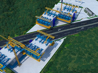Modern Bridge Construction Site With Cranes Road And Green Vegetation 3d model