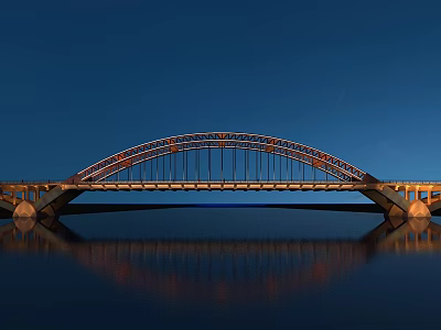 Illuminated Arch Bridge with Stunning Reflection on Calm Water Under Night Sky 3d model