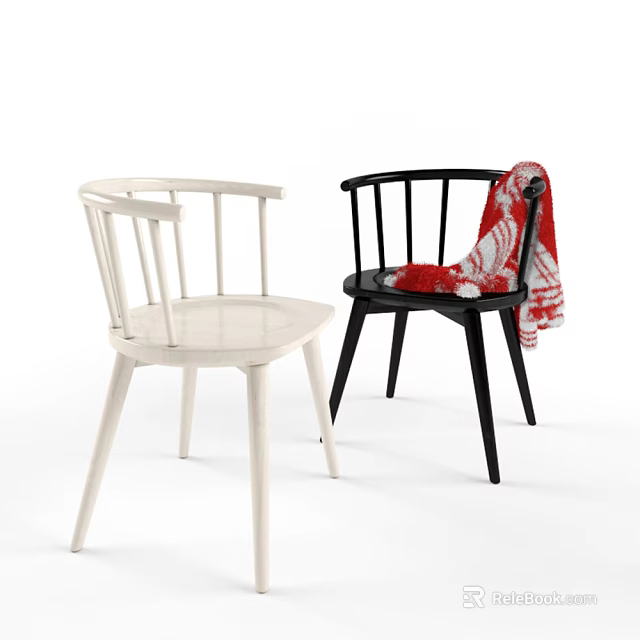 Stylish White and Black Armchairs with Red White Patterned Blanket in Modern Living Room 3d model 