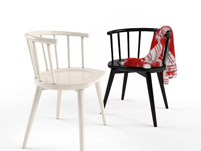 Stylish White and Black Armchairs with Red White Patterned Blanket in Modern Living Room 3d model
