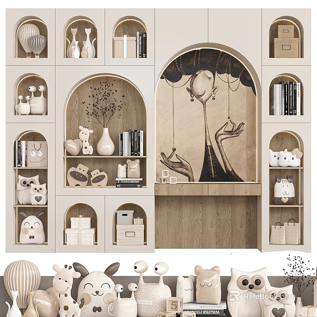 Modern Wooden Wardrobe Interior Design With Open Shelves Books And Figurines 3d model 