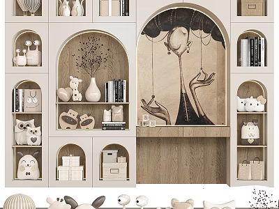 Modern Wooden Wardrobe Interior Design With Open Shelves Books And Figurines 3d model