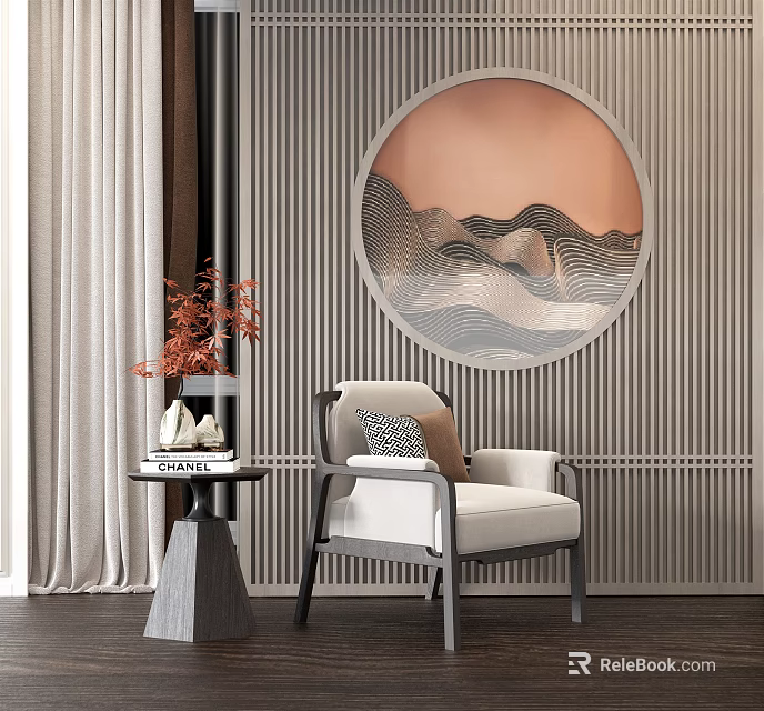 Single Seater Sofa Modern Luxury Chinese Style with Circular Painting Striped Wall Side Table Vase 3d model 