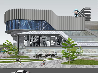 Modern Commercial Complex With Glass Facade Greenery And Open Plaza Area 3d model