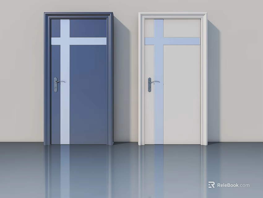 Blue And Beige Modern Swing Doors With Cross Design On Light Wall And Smooth Floor 3d model 