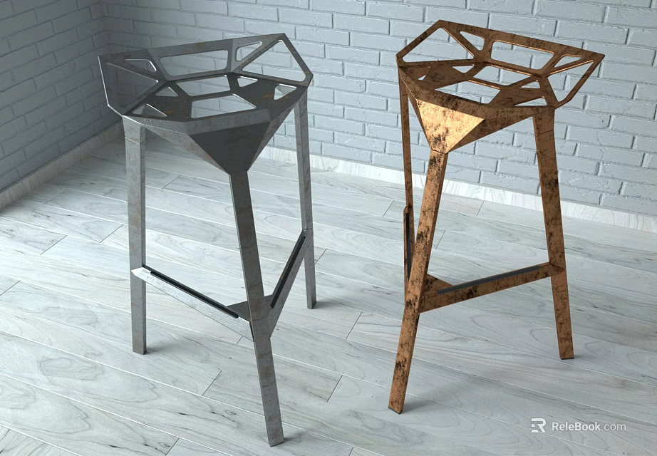 Modern Stylish Bar Stools With Geometric Design And Metallic Wooden Frames 3d model