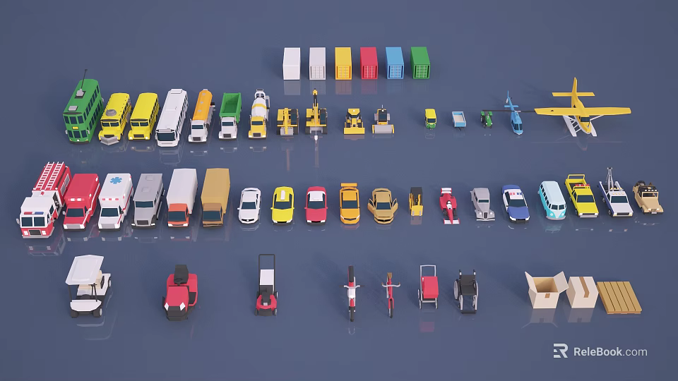 Neatly Arranged Colorful Toy Vehicles Including Cars Trucks Ambulance And Bicycles 3d model 