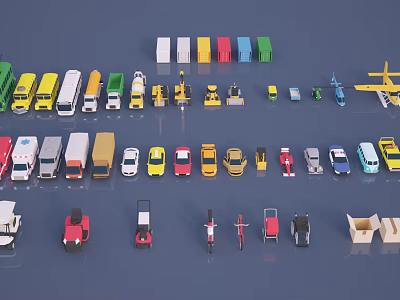 Neatly Arranged Colorful Toy Vehicles Including Cars Trucks Ambulance And Bicycles 3d model
