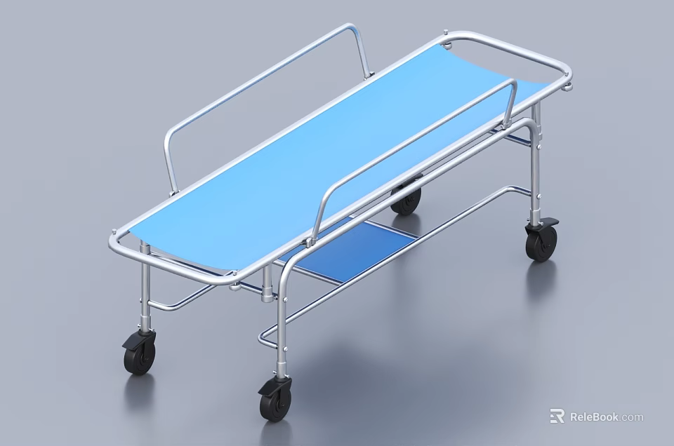 Mobile Medical Stretcher With Metal Frame And Blue Mattress On Wheels 3d model 