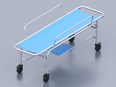 Mobile Medical Stretcher With Metal Frame And Blue Mattress On Wheels 3d model