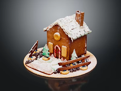 Cartoon Gingerbread House With Snowy Roof Chimney Fence And Small Trees 3d model