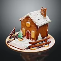 Cartoon Gingerbread House With Snowy Roof Chimney Fence And Small Trees