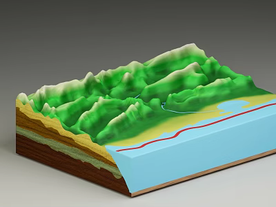 3D Topographic Landscape Model Showcasing Green Mountains Winding River And Layered Strata 3d model