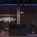 Modern Outdoor Restaurant With Red Brick Design Bar Counter Blue Red Lighting And Plant Decor
