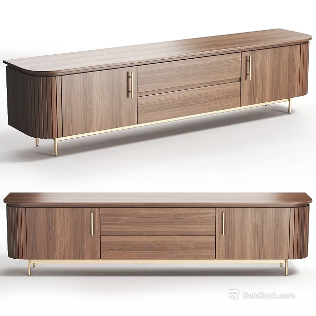 Modern Walnut Wood TV Stand With Drawers Cabinet Doors And Gold Metal Legs 3d model 