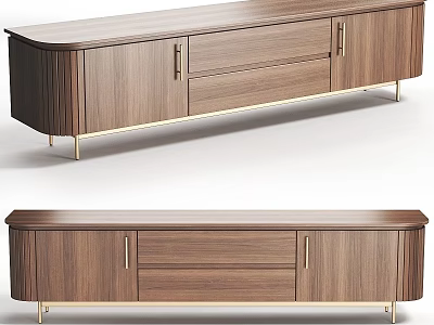 Modern Walnut Wood TV Stand With Drawers Cabinet Doors And Gold Metal Legs 3d model
